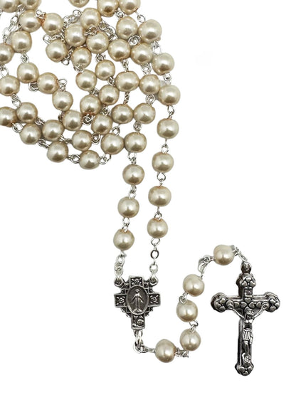 MOTHER OF PEARL ROSARY – 7MM IMITATION ROUND BEADS