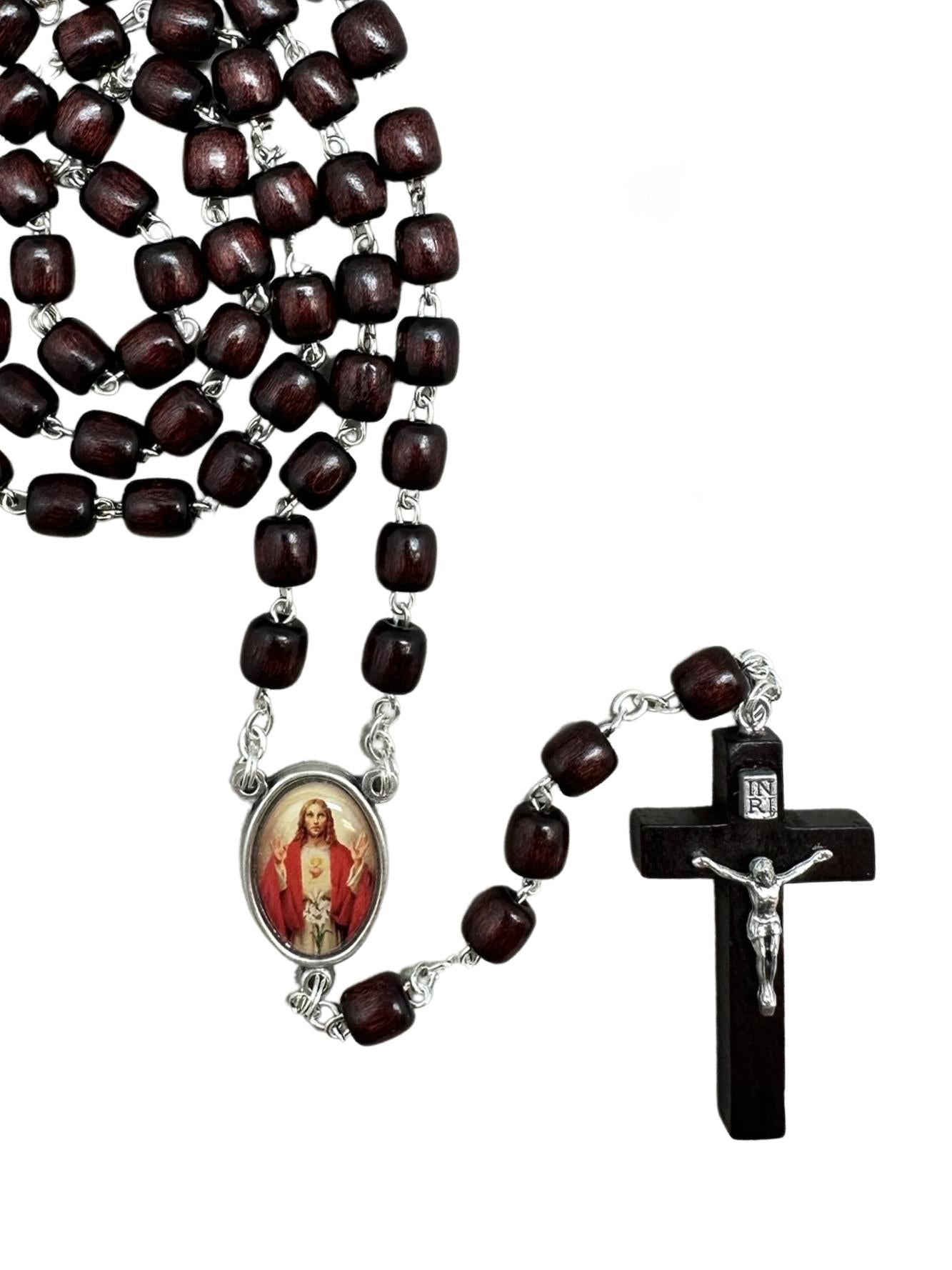 WOOD ROSARY – MAHOGANY 6MM CYLINDER BEADS
