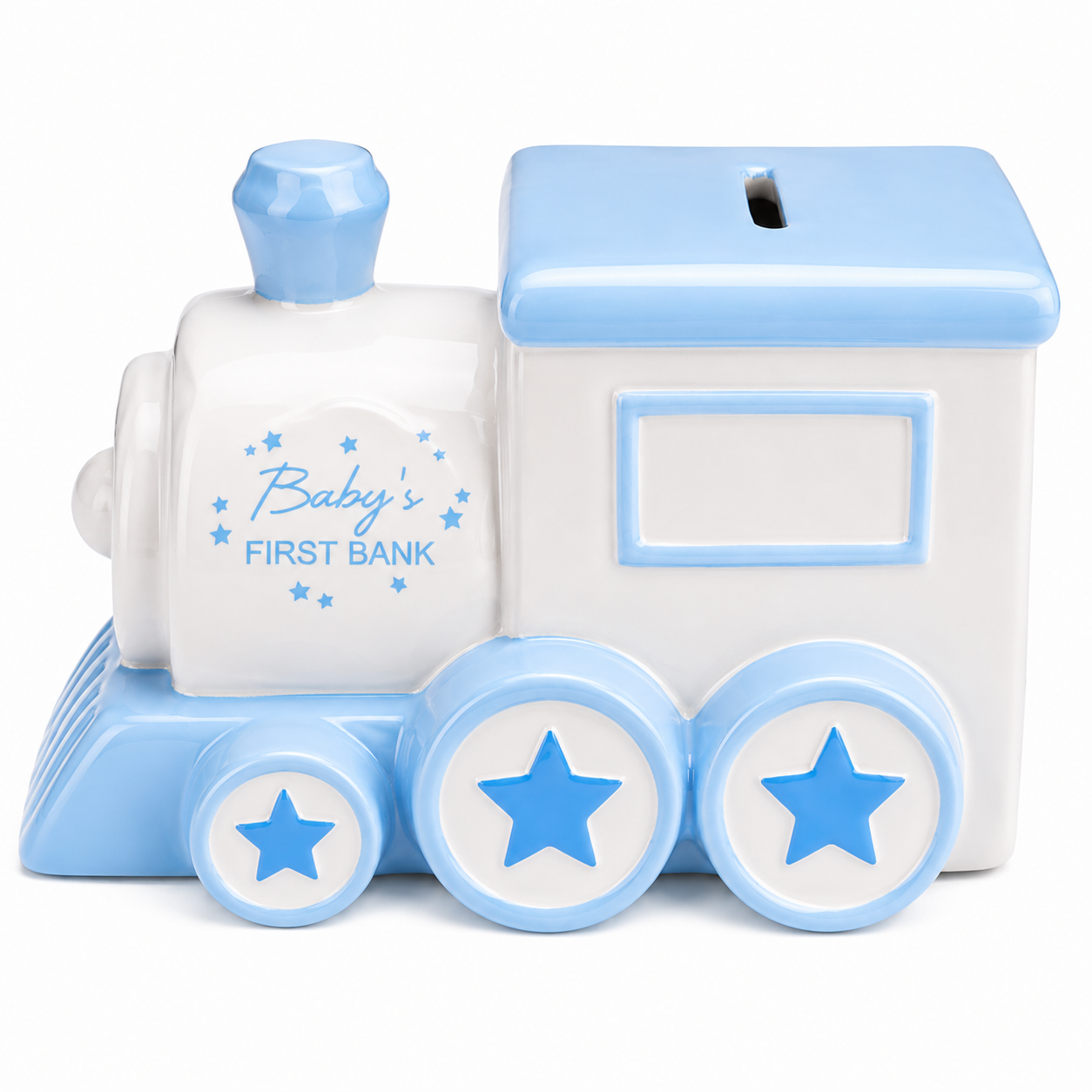 Baby's First Train Money Box – Blue Ceramic Piggy Bank