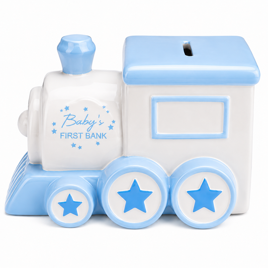 Baby's First Train Money Box – Blue Ceramic Piggy Bank