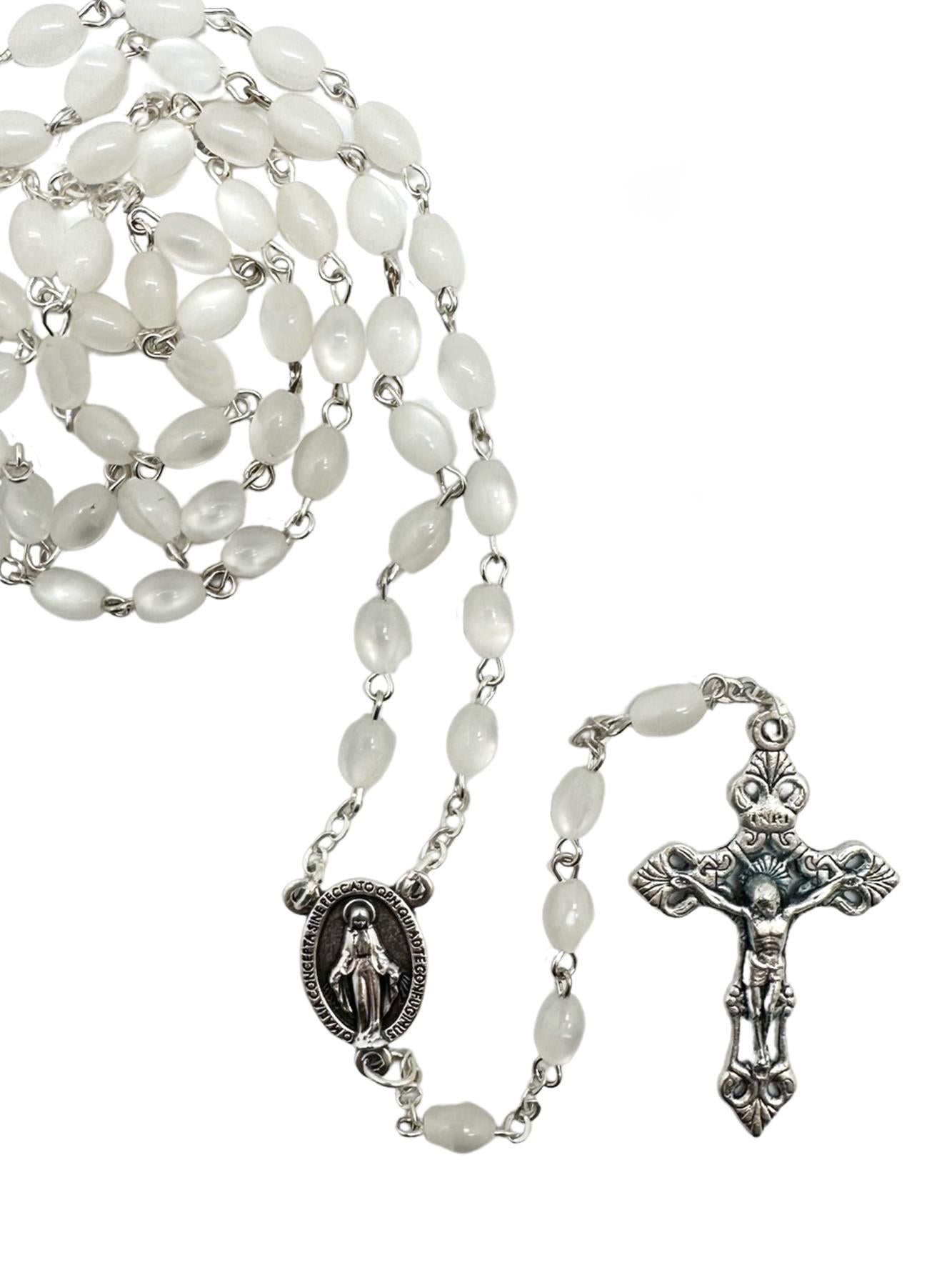 IMITATION MOTHER OF PEARL ROSARY – 5MM OVAL BEADS