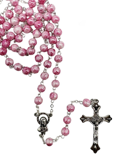 GLASS CERAMIC LOOK ROSARY - PINK 5MM ROUND BEADS