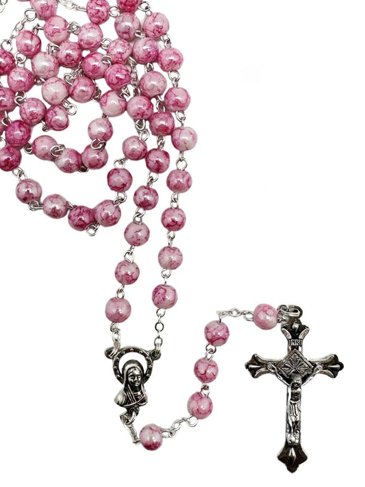 GLASS CERAMIC LOOK ROSARY - PINK 5MM ROUND BEADS