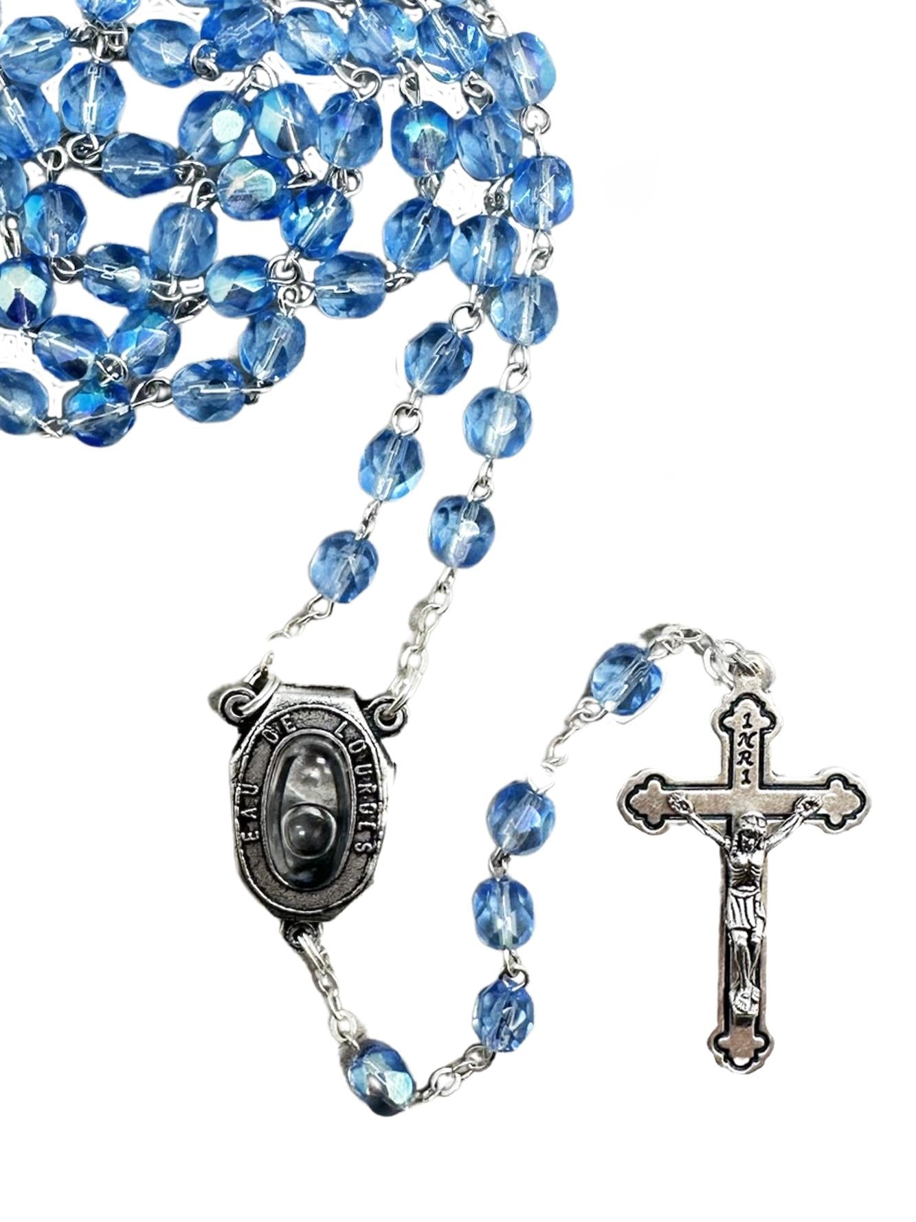 CRYSTAL OUR LADY OF LOURDES WATER CENTREPIECE ROSARY – 6MM BEADS