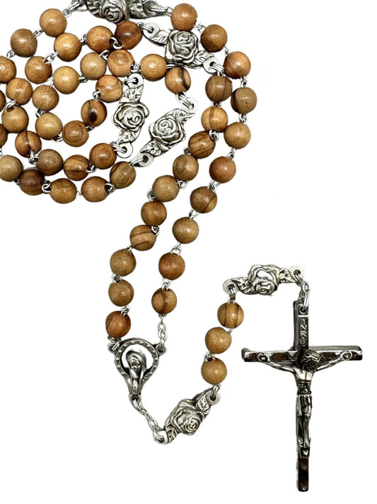 OLIVE WOOD ROSARY – 7MM ROUND BEADS – ROSE MYSTERIES
